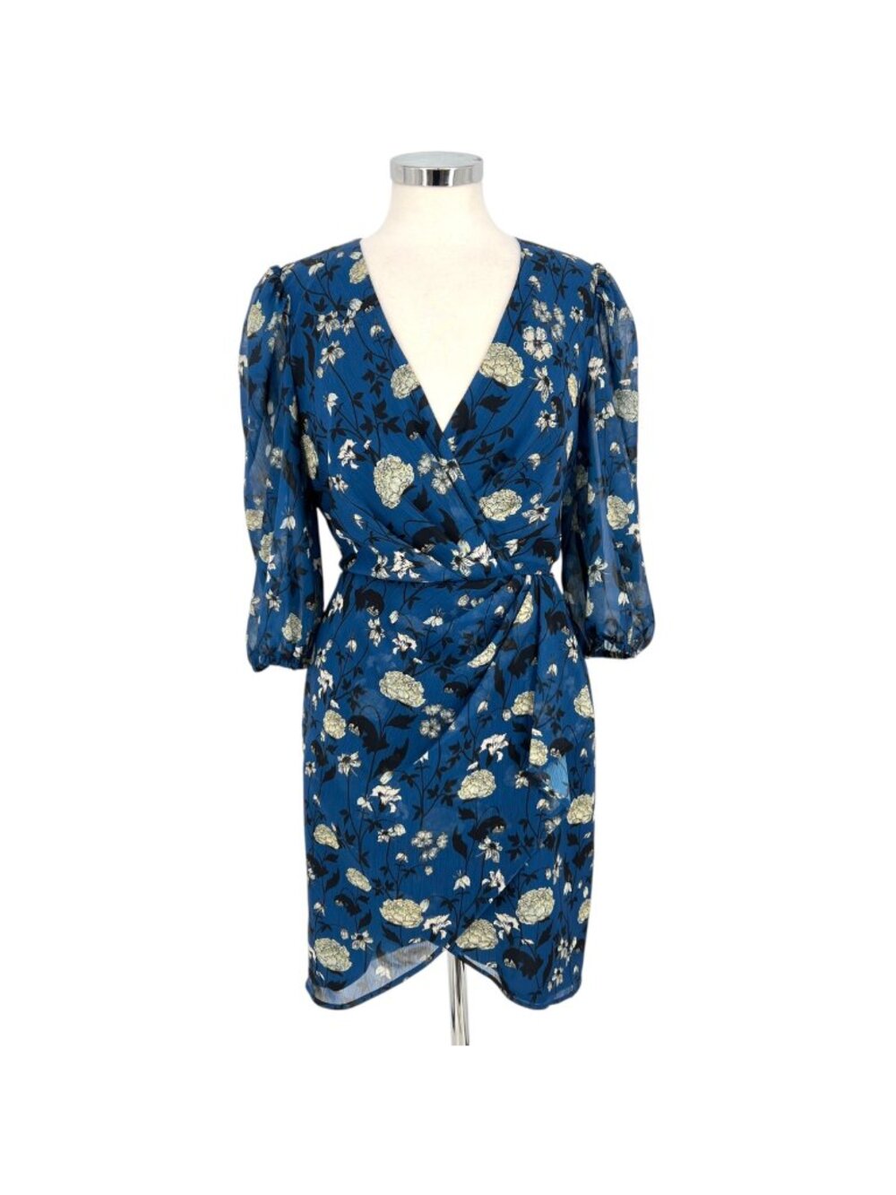 Halogen Blue Floral Chiffon Faux Wrap Dress Puff Sleeve V-Neck Size Medium